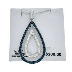 Sterling Silver 925 Blue White Swarovski Crystal Teardrop Pendant Necklace 18"